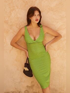 Rouje green white polka dot Georgina sleeveless midi dress size 40 or US M